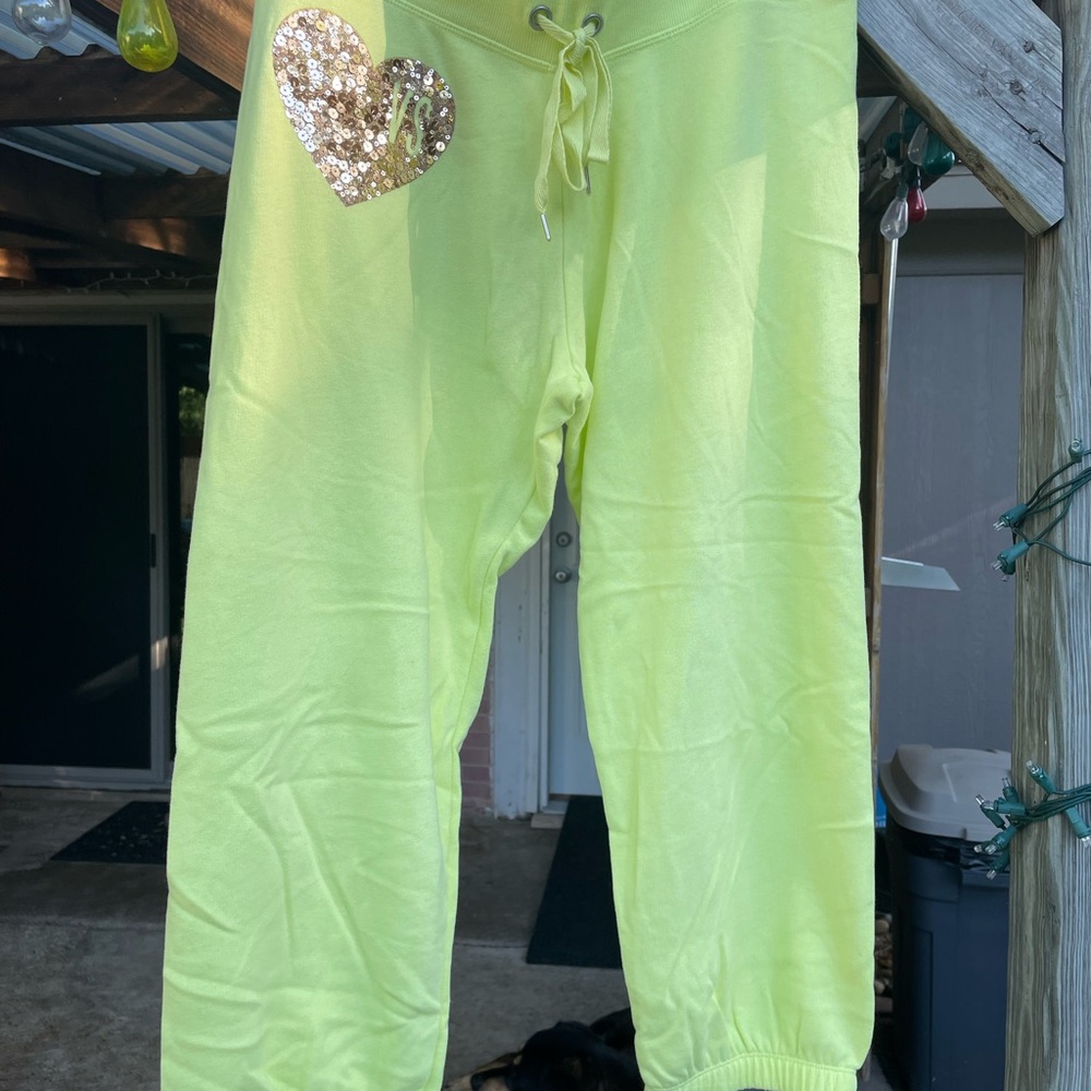 Victoria's Secret neon yellow m Sweatpants Relaxed Fit NWOT sweats sequin pink